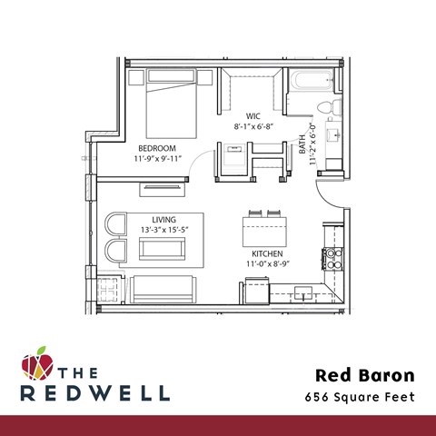 Floor plan for 1 bed, 1 bath, 656 sqft